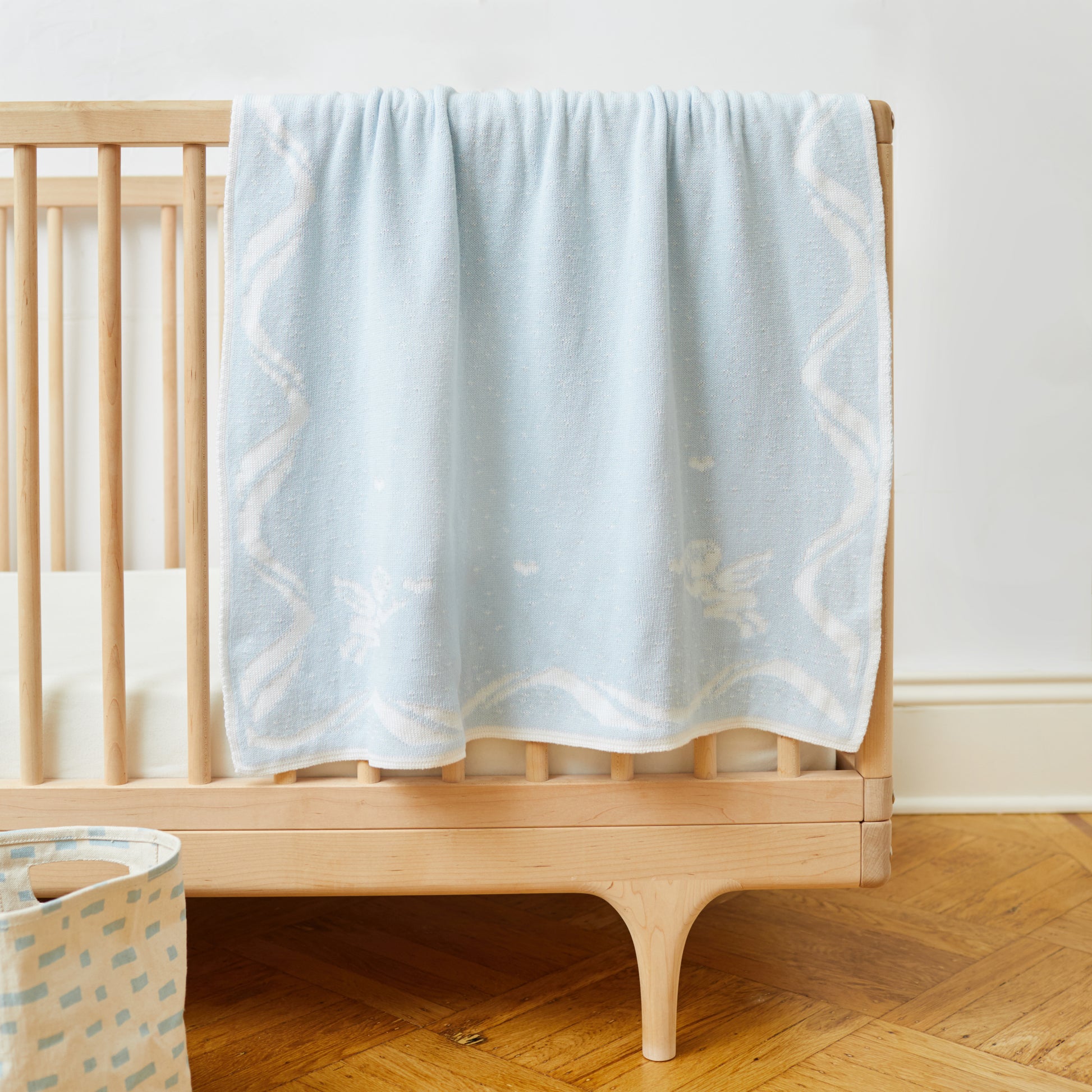 Blue Reversible Cherubs and Ribbons Baby Blanket